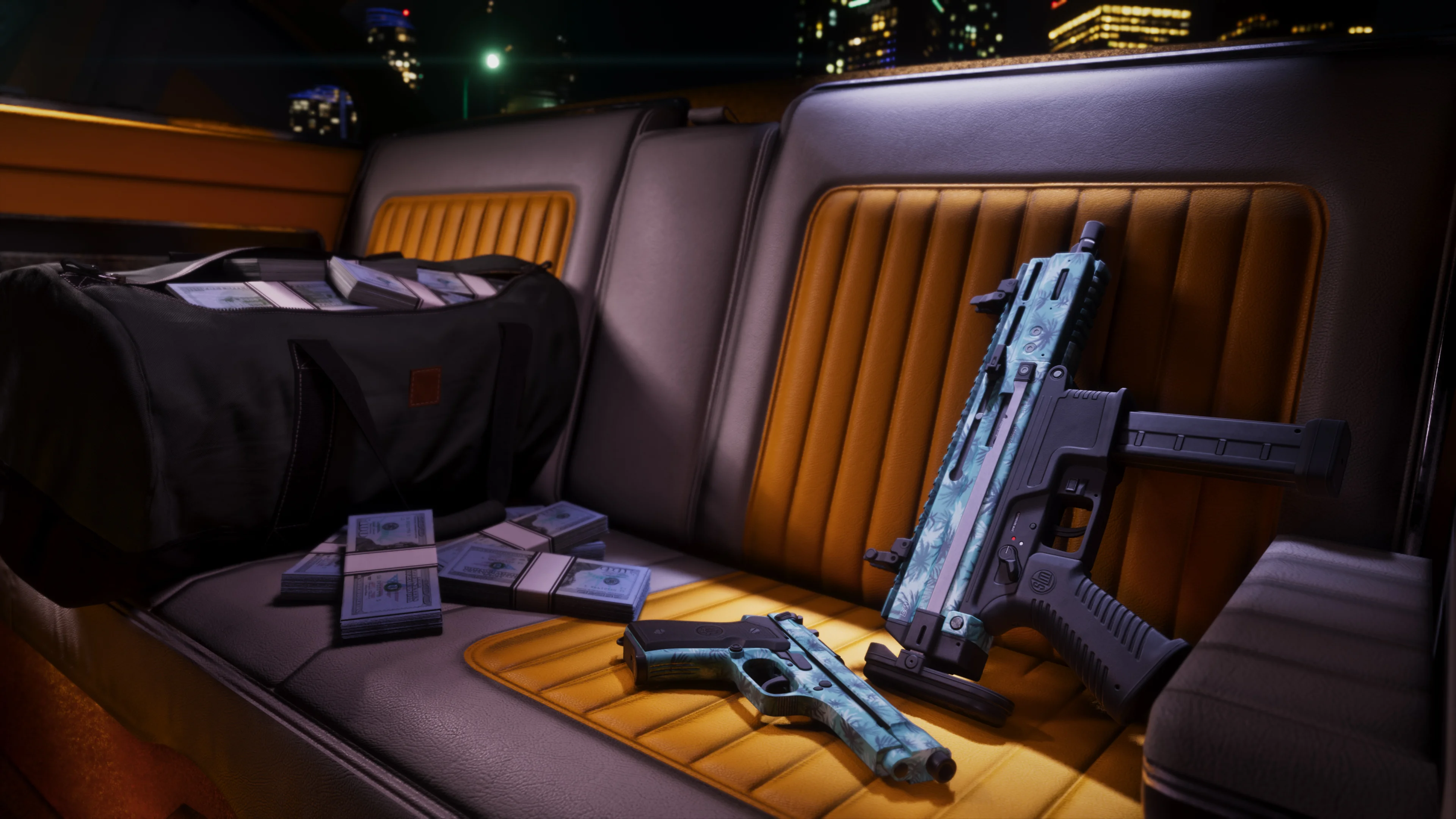 GTA 6 Standart Sürüm ile beraber gelen Tommy Vercetti karakterinin gömlek tasarımından esinlenen silah kamuflajları.